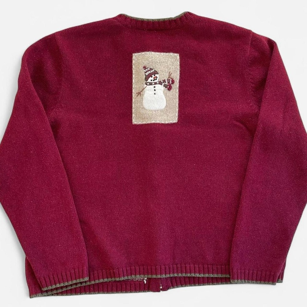 Croft & Barrow Burgundy Knit Embroidered Patchwork Snowman Winter Cardigan XL - Picture 8 of 8
